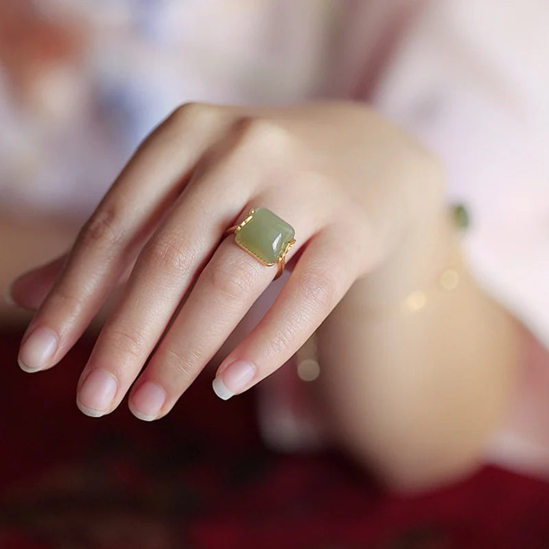 Sterling Silver Hotan Jade Geometric Ring For Women