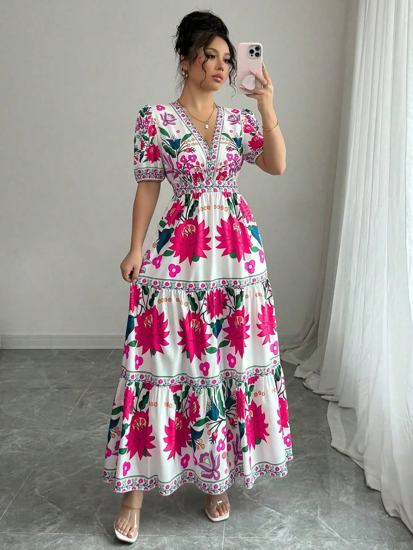 Floral V Neck Maxi Dress With Puff Sleeves For Holiday