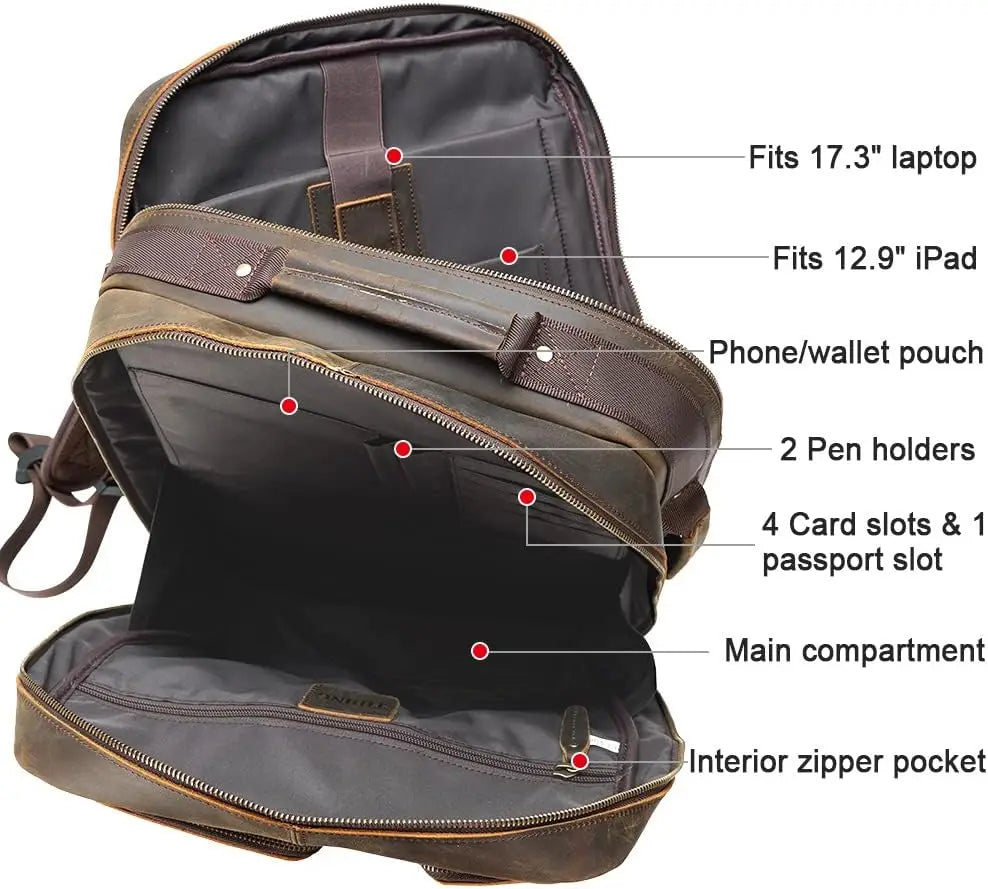 Full Grain Leather Laptop Backpack For Men With Multiple Pockets