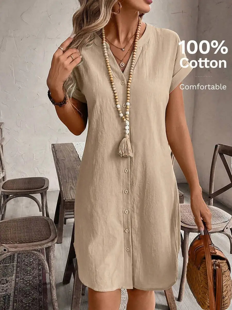 Women's Button Front Short Sleeve Mini Dress 100 Percent Cotton