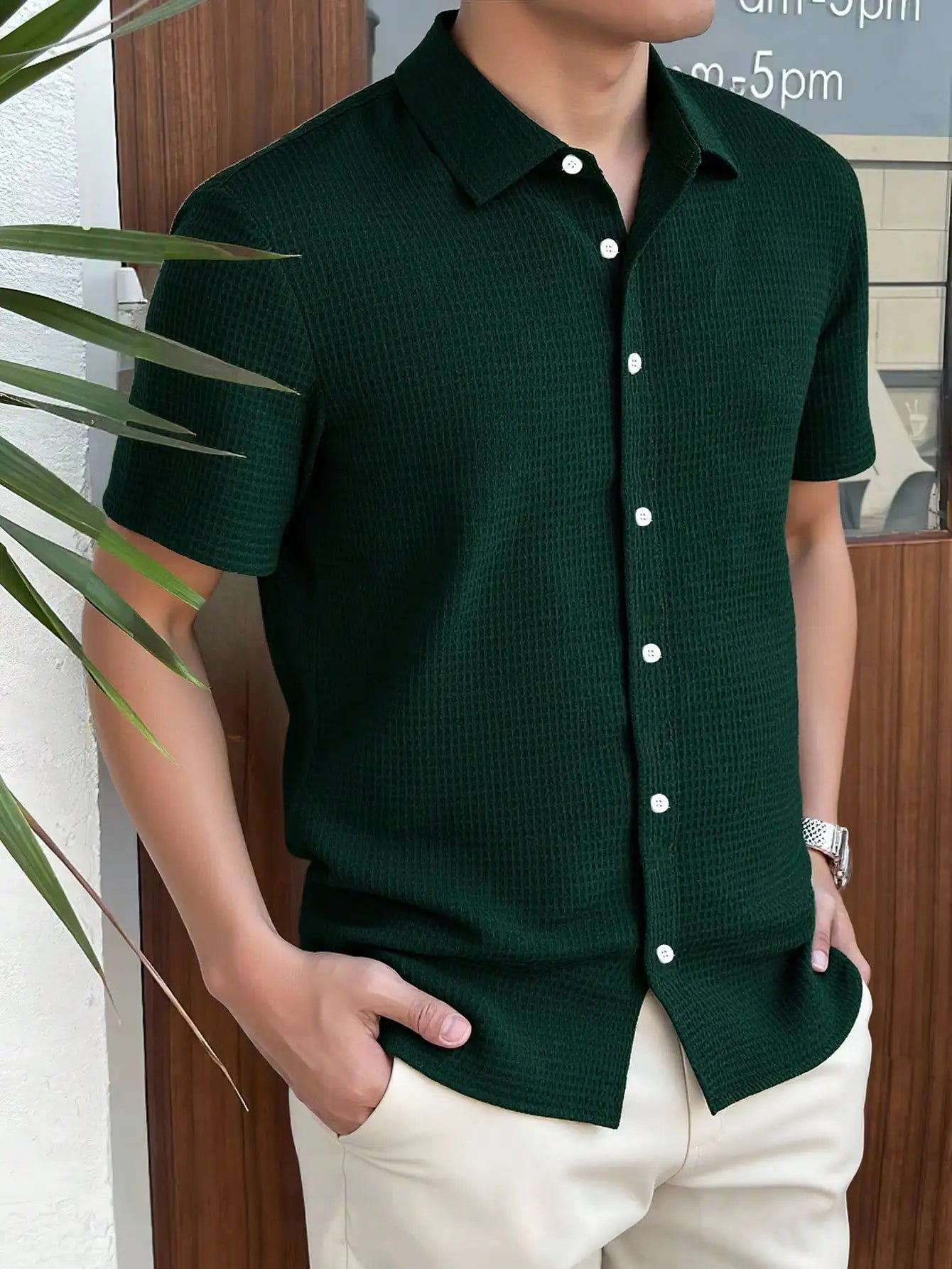 Men's Waffle Knit Short Sleeve Button Down Shirt Casual Spring