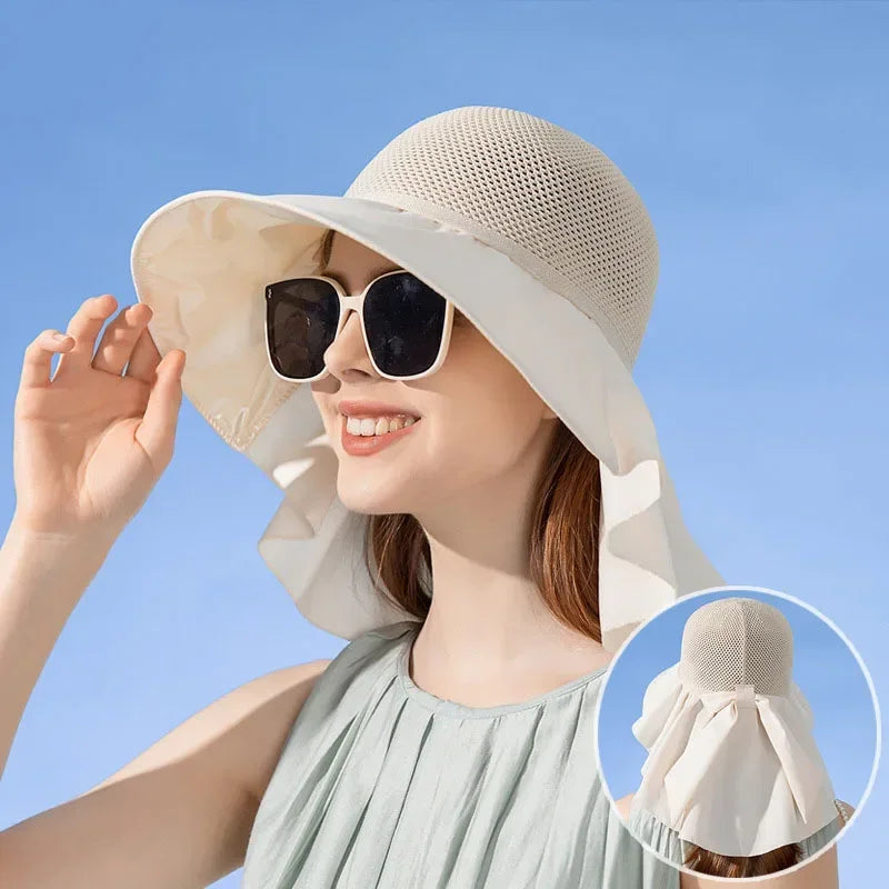Summer Women Bucket Hat Shawl Mesh Face Neck Sun Protection