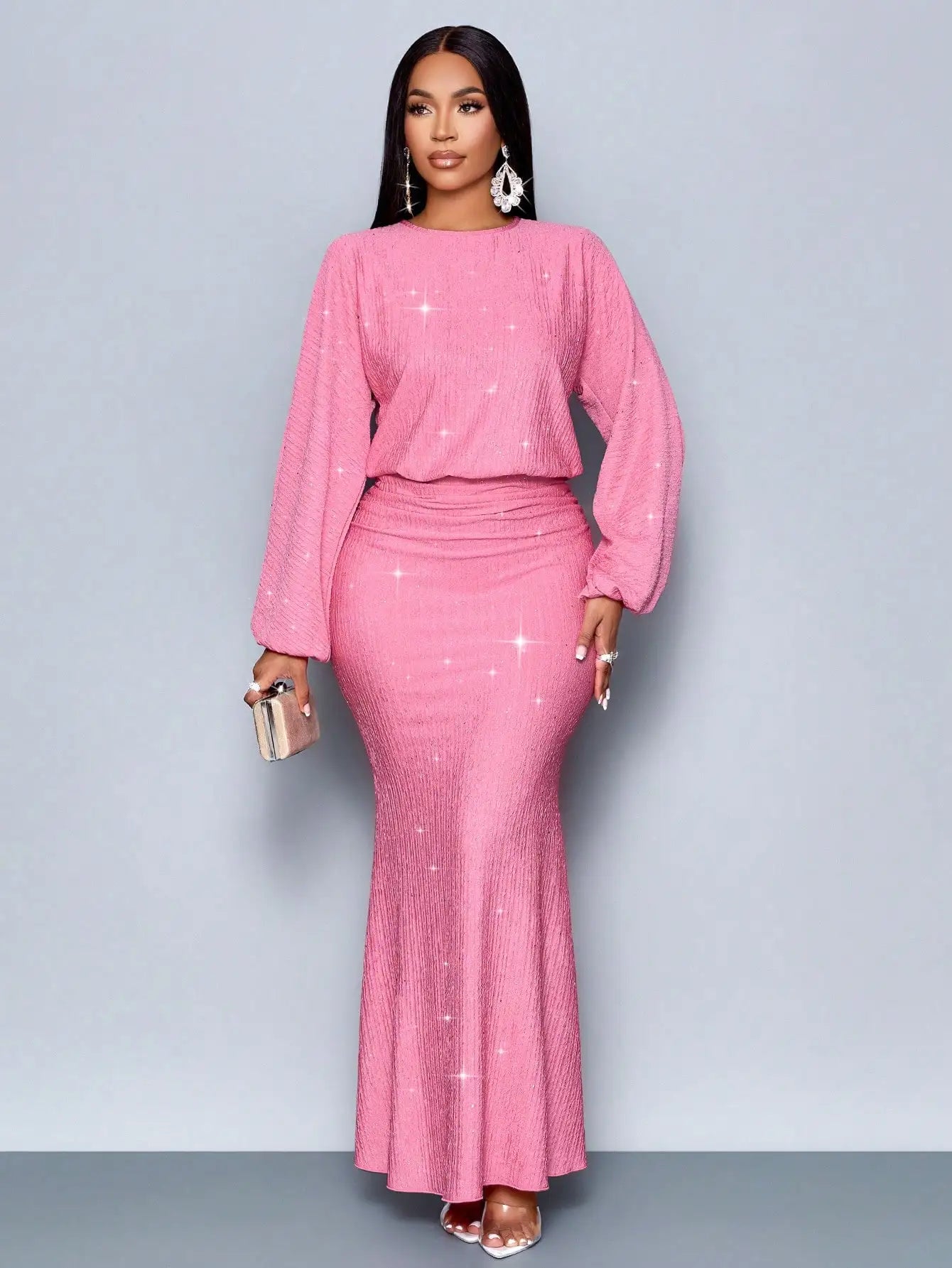 Mermaid Hem Bodycon Maxi Dress With Sequins And Puff Sleeves
