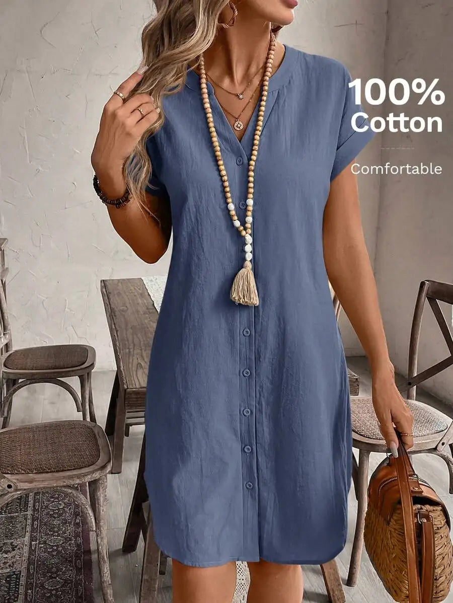 Women's Button Front Short Sleeve Mini Dress 100 Percent Cotton