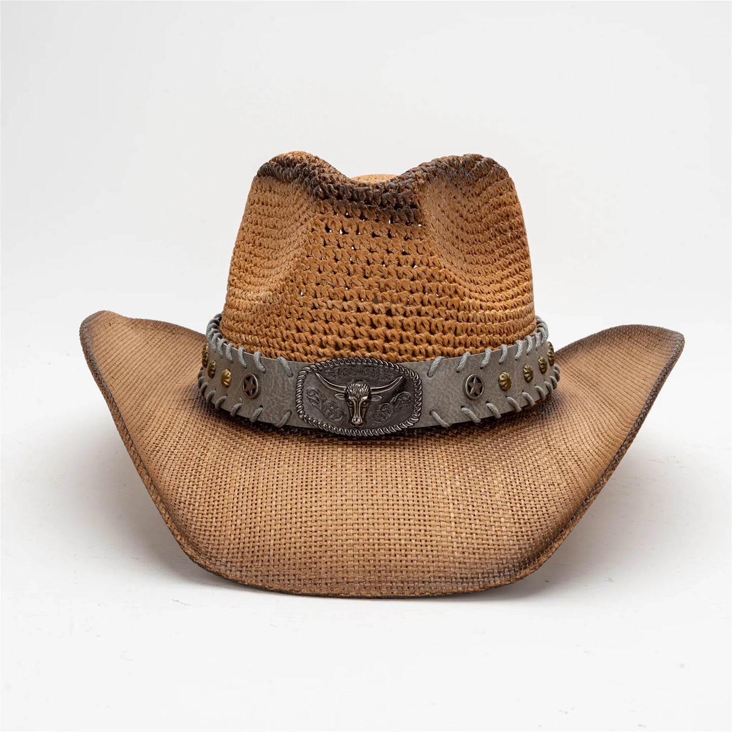 Breathable Wide Brim Straw Sun Hat Bull Head Belt Western