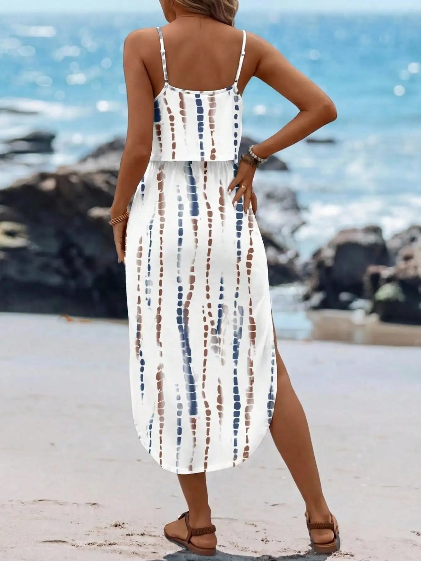 Boho Spaghetti Strap Midi Dress With Waist Slit For Summer