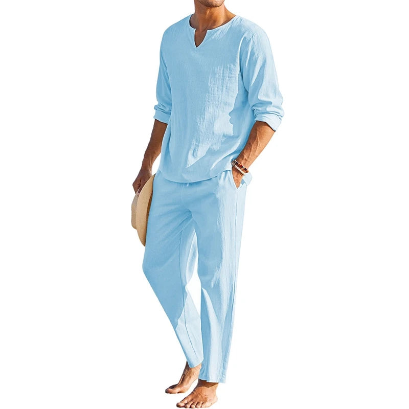 Men's Summer Loungewear Set Polyester Spandex Henley Shirt Pants