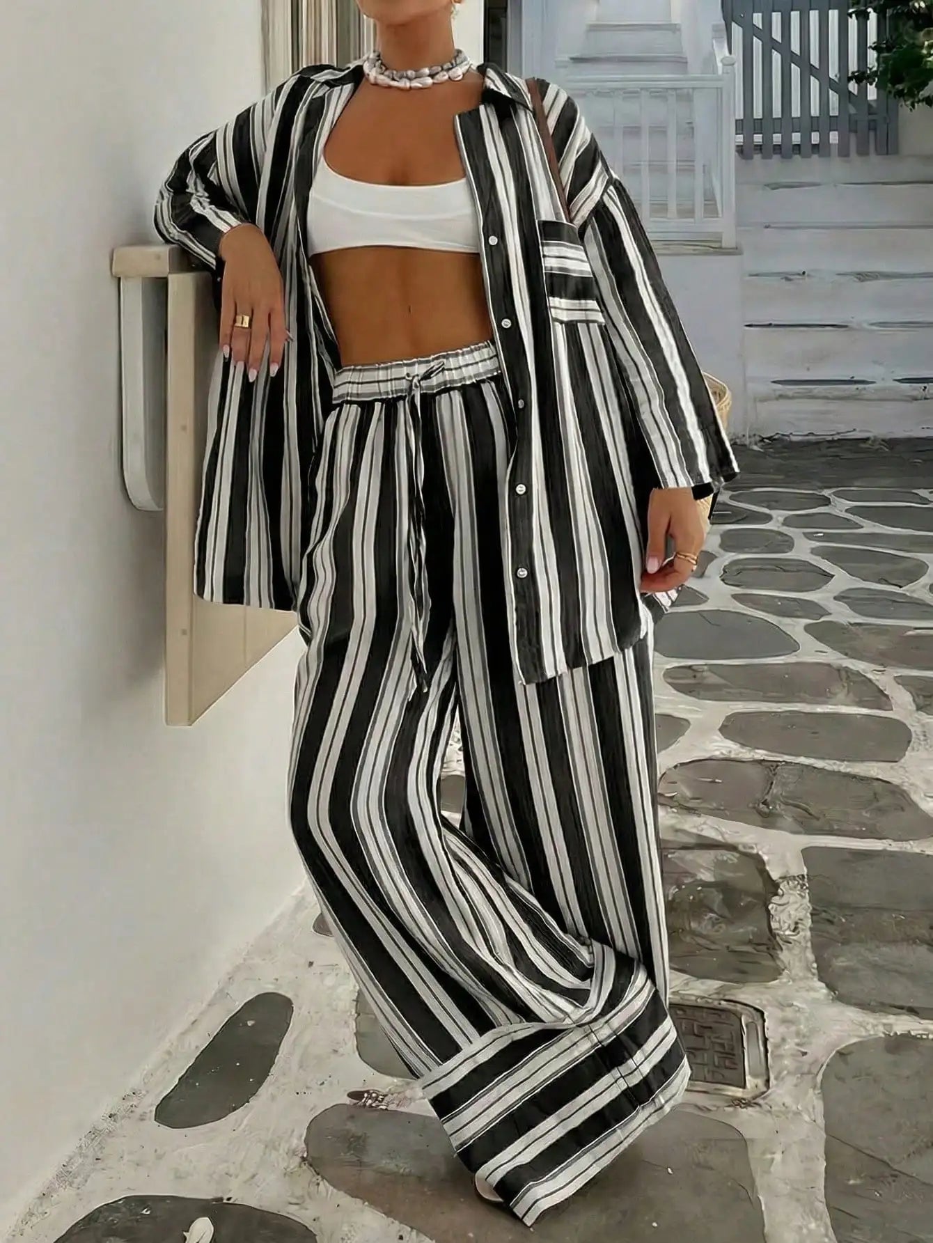 Loose Fit Shirt And Wide Leg Pants Set For Resortwear