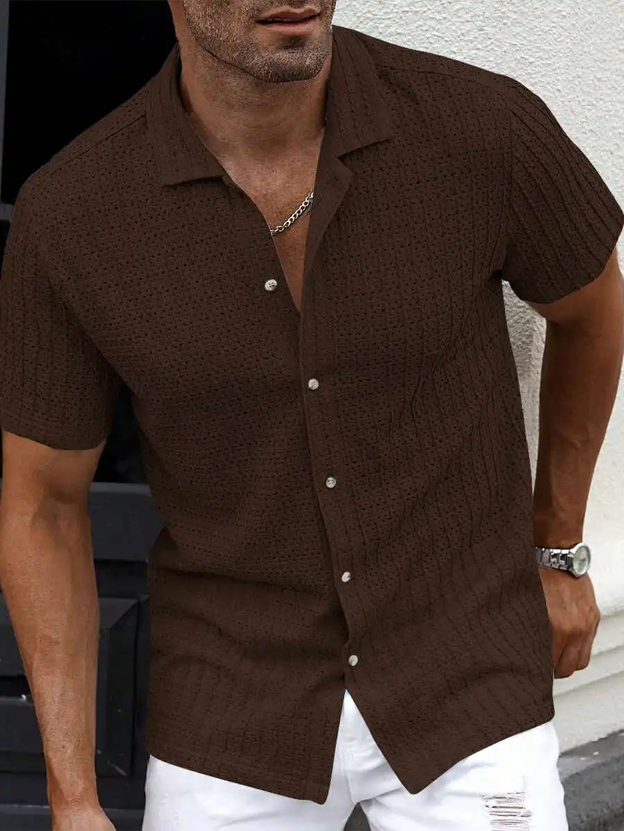 Men's Casual Short Sleeve Button-Down Shirt With Eyelet Texture
