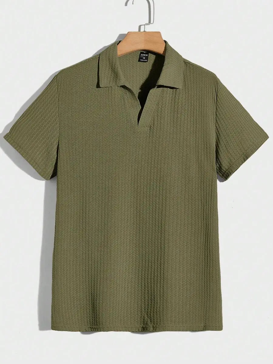 Mens Solid Waffle Knit Short Sleeve Polo Shirt Regular Fit