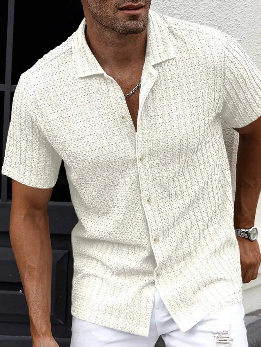 Men's Casual Short Sleeve Button-Down Shirt With Eyelet Texture