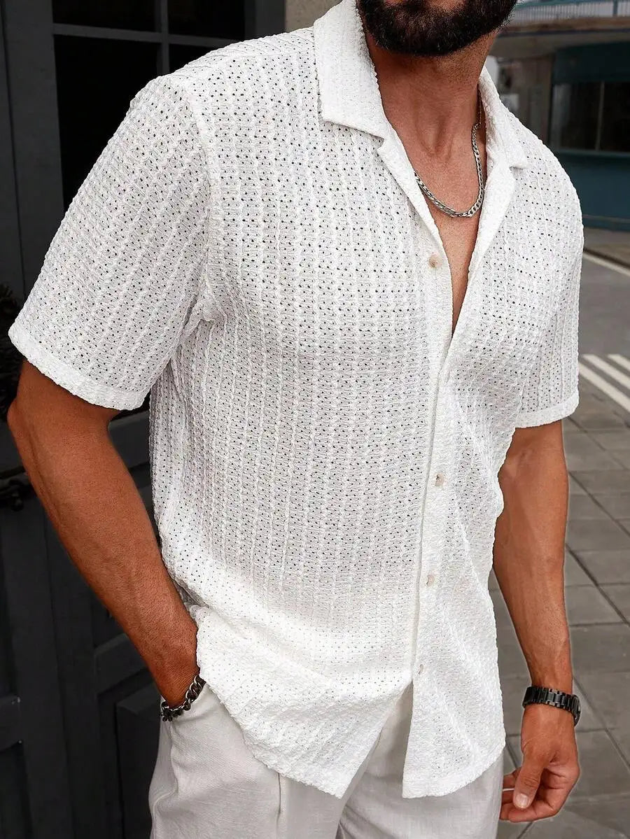 Men's Casual Short Sleeve Button-Down Shirt With Eyelet Texture