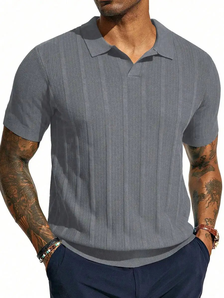 Men's Short-Sleeve Knitted Polo Shirt With Vertical Ribbed Texture