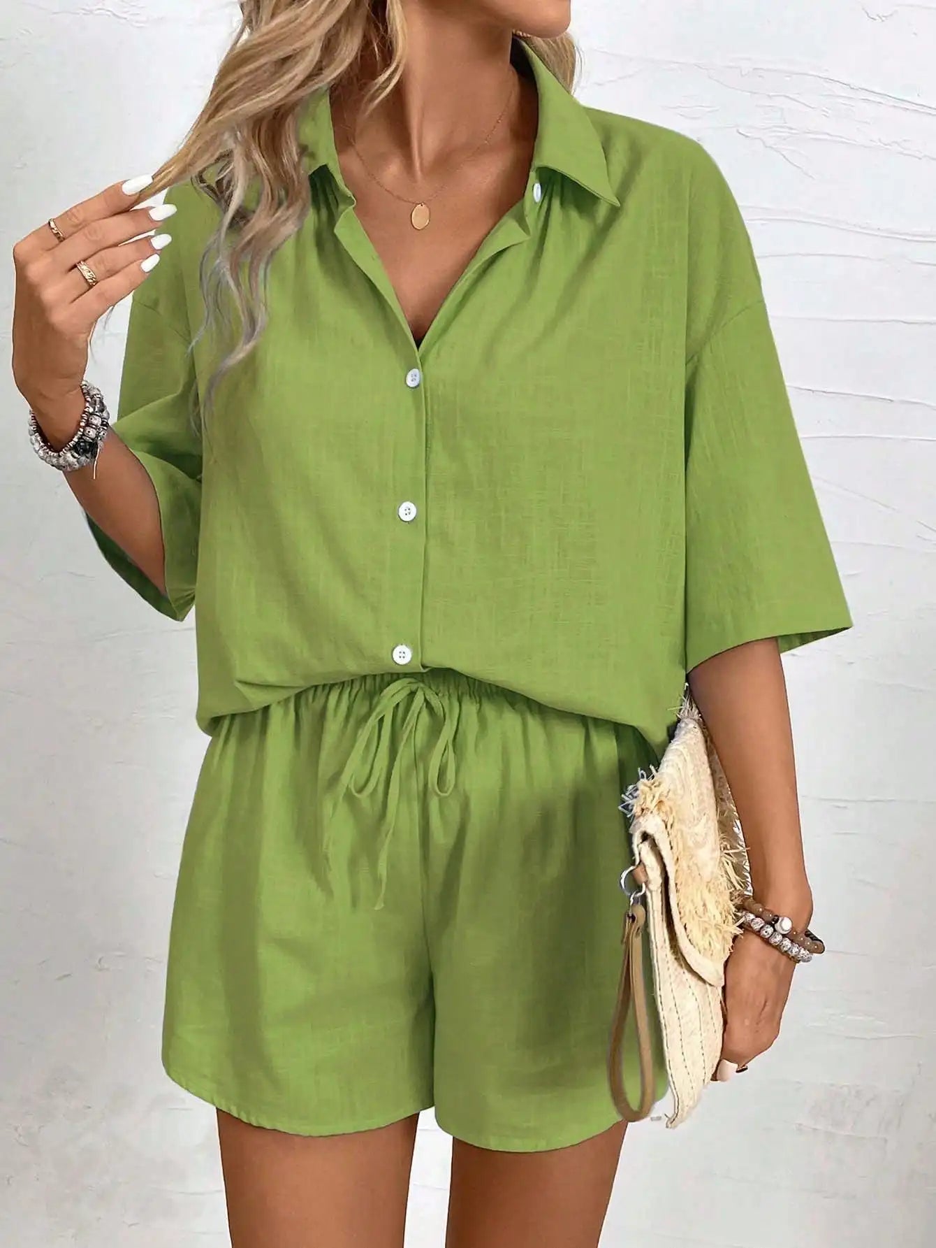 Two Piece Button Front Shirt And Drawstring Shorts Set