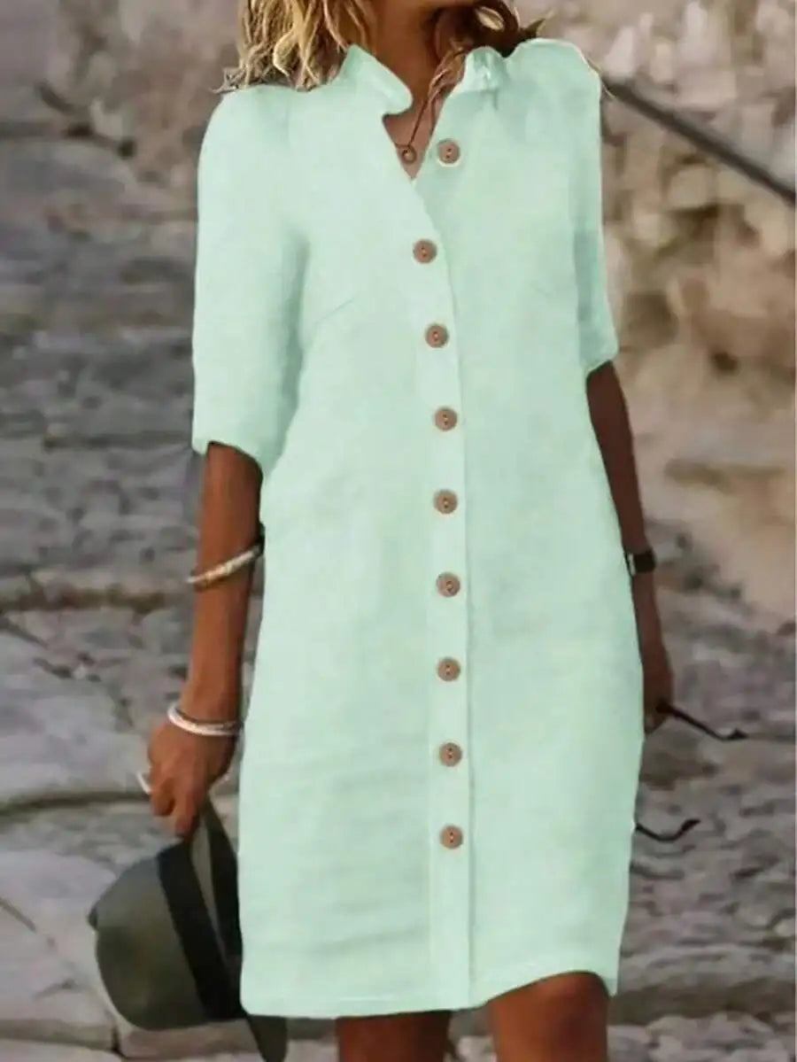 Button-Down Midi Dress With Mandarin Collar And Short Sleeves
