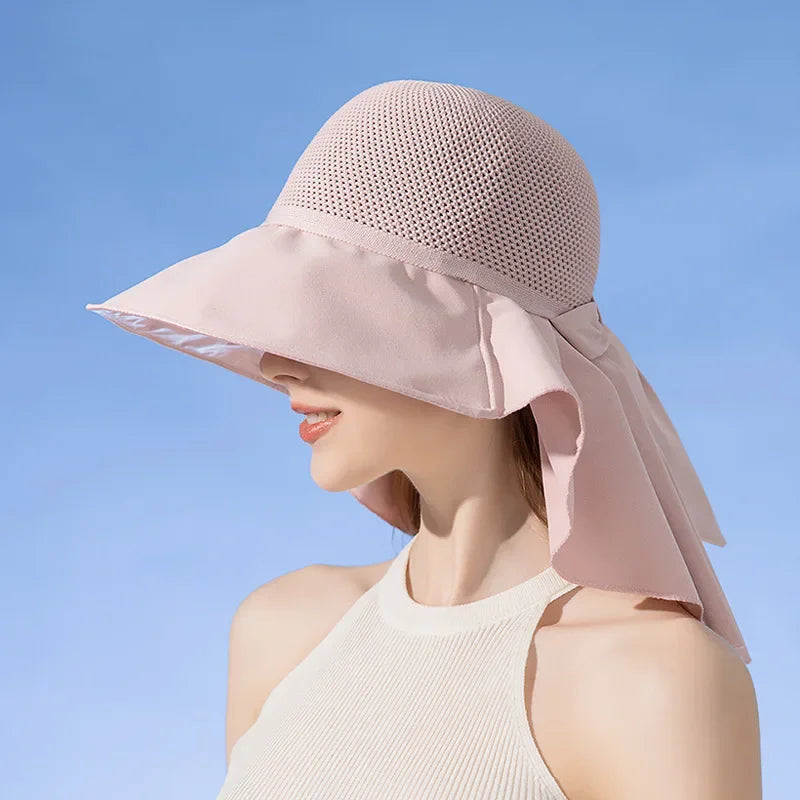Summer Women Bucket Hat Shawl Mesh Face Neck Sun Protection