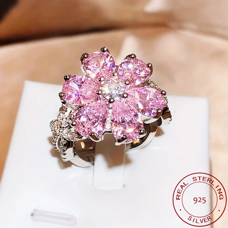 Sterling Silver Ring For Women Zirconia Pink Flower