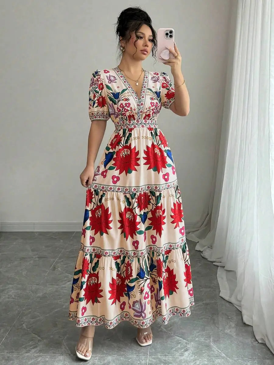 Floral V Neck Maxi Dress With Puff Sleeves For Holiday