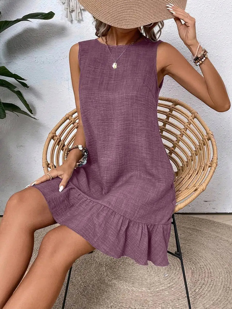 Solid Sleeveless Round Neck Dress With Ruffled Hem