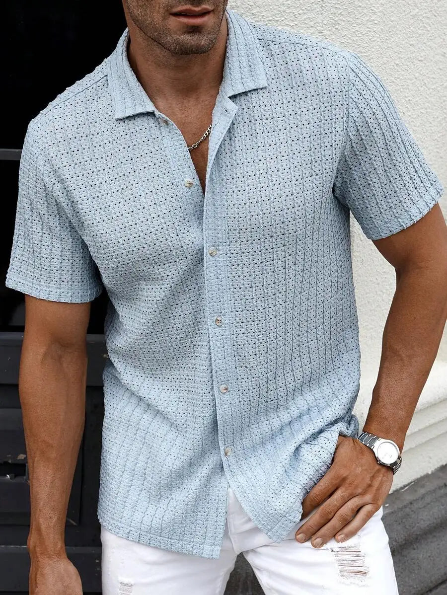 Men's Casual Short Sleeve Button-Down Shirt With Eyelet Texture