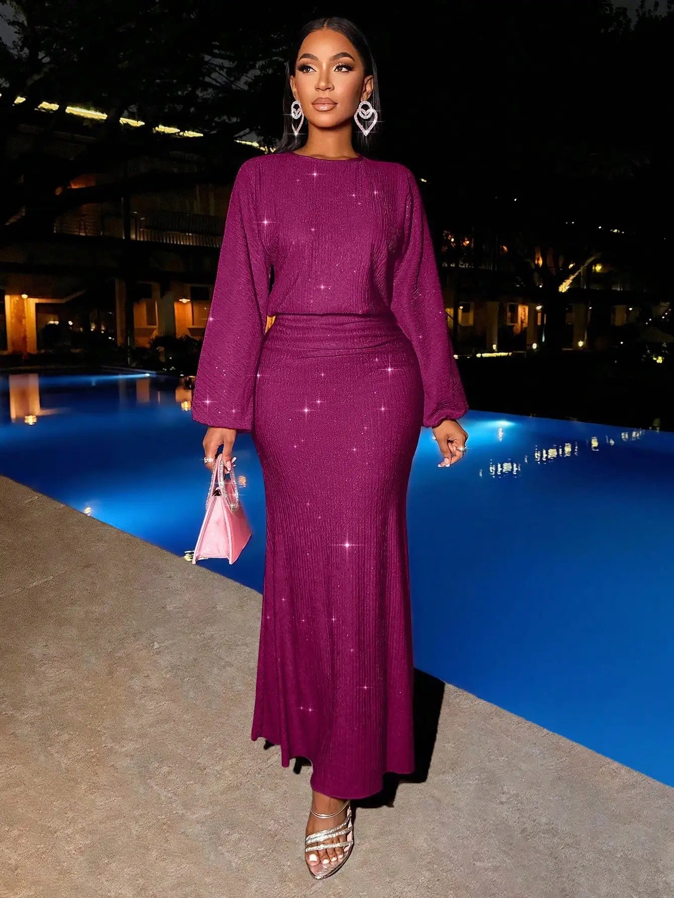 Mermaid Hem Bodycon Maxi Dress With Sequins And Puff Sleeves