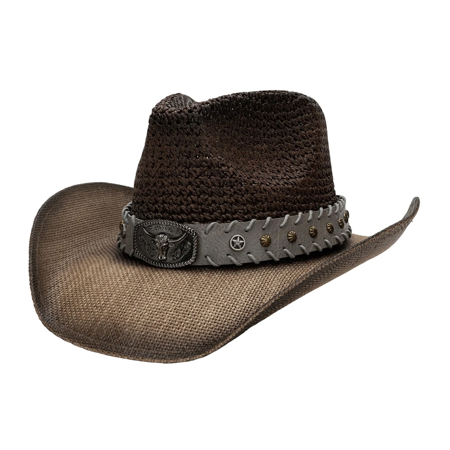 Breathable Wide Brim Straw Sun Hat Bull Head Belt Western