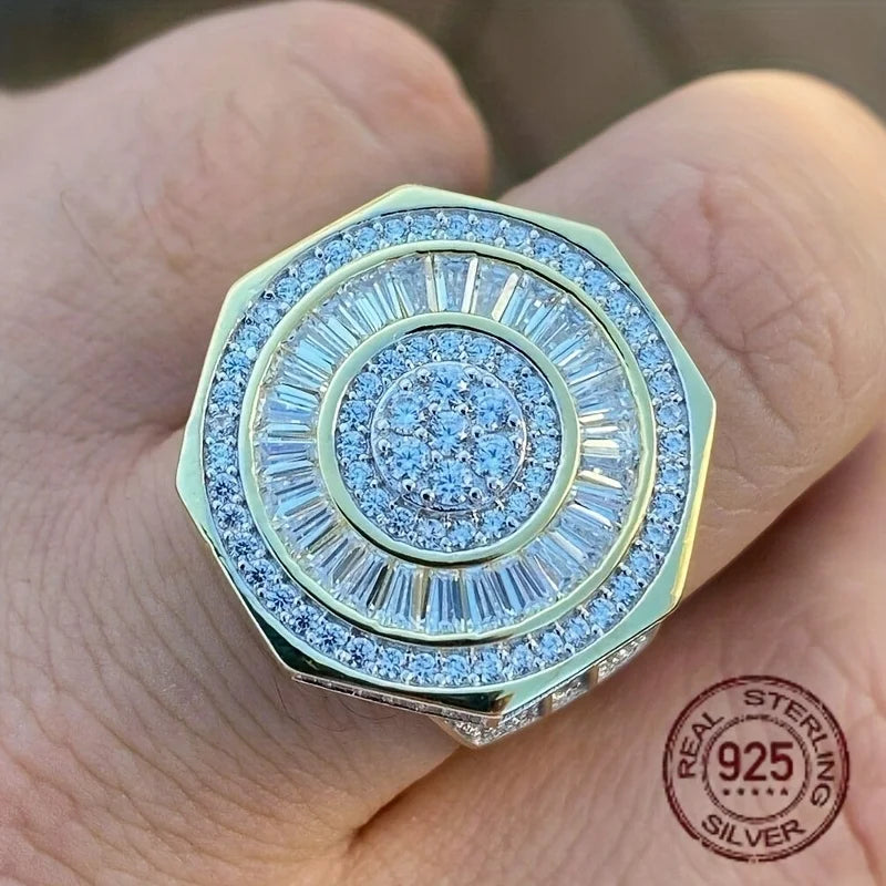 Men's Sterling Silver Octagon Hip Hop Ring Baguette