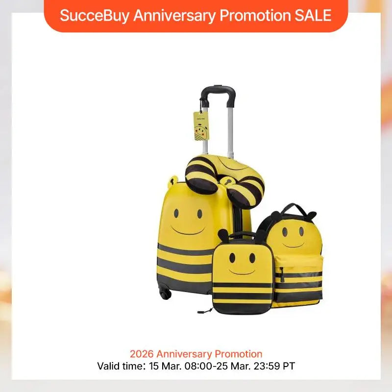 Kids Luggage Set 5 Piece Backpack Neck Pillow Lunch Bag Luggage Tag Bee Theme