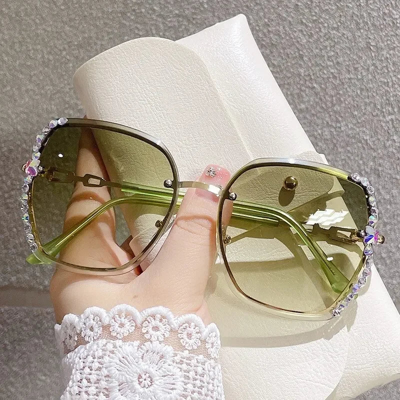 Rhinestone Rimless Fashion Sunglasses Women Men Gradient UV400 Protection