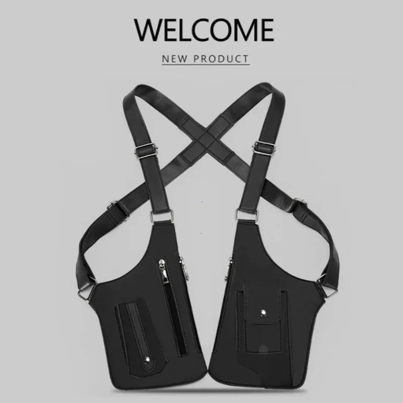 Mens Tactical Vest Bag PU Leather Phone Pouch Underarm Pack