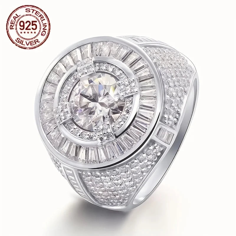 Sterling Silver Circular Baguette Solitaire Ring For Men