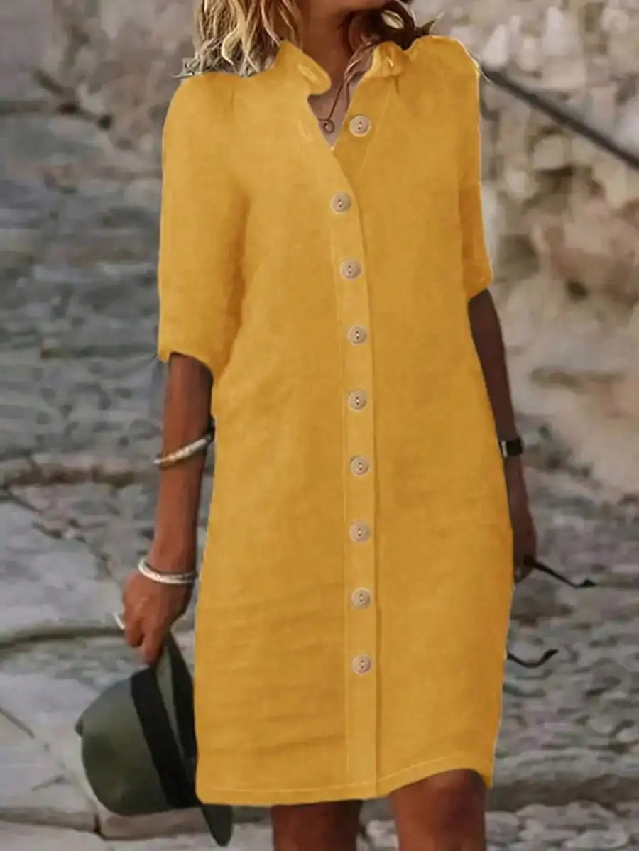 Button-Down Midi Dress With Mandarin Collar And Short Sleeves