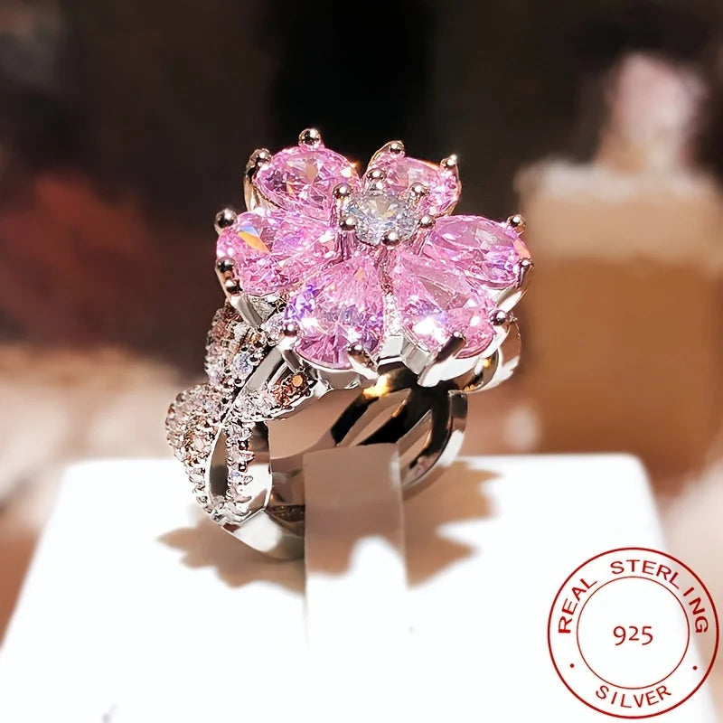 Sterling Silver Ring For Women Zirconia Pink Flower