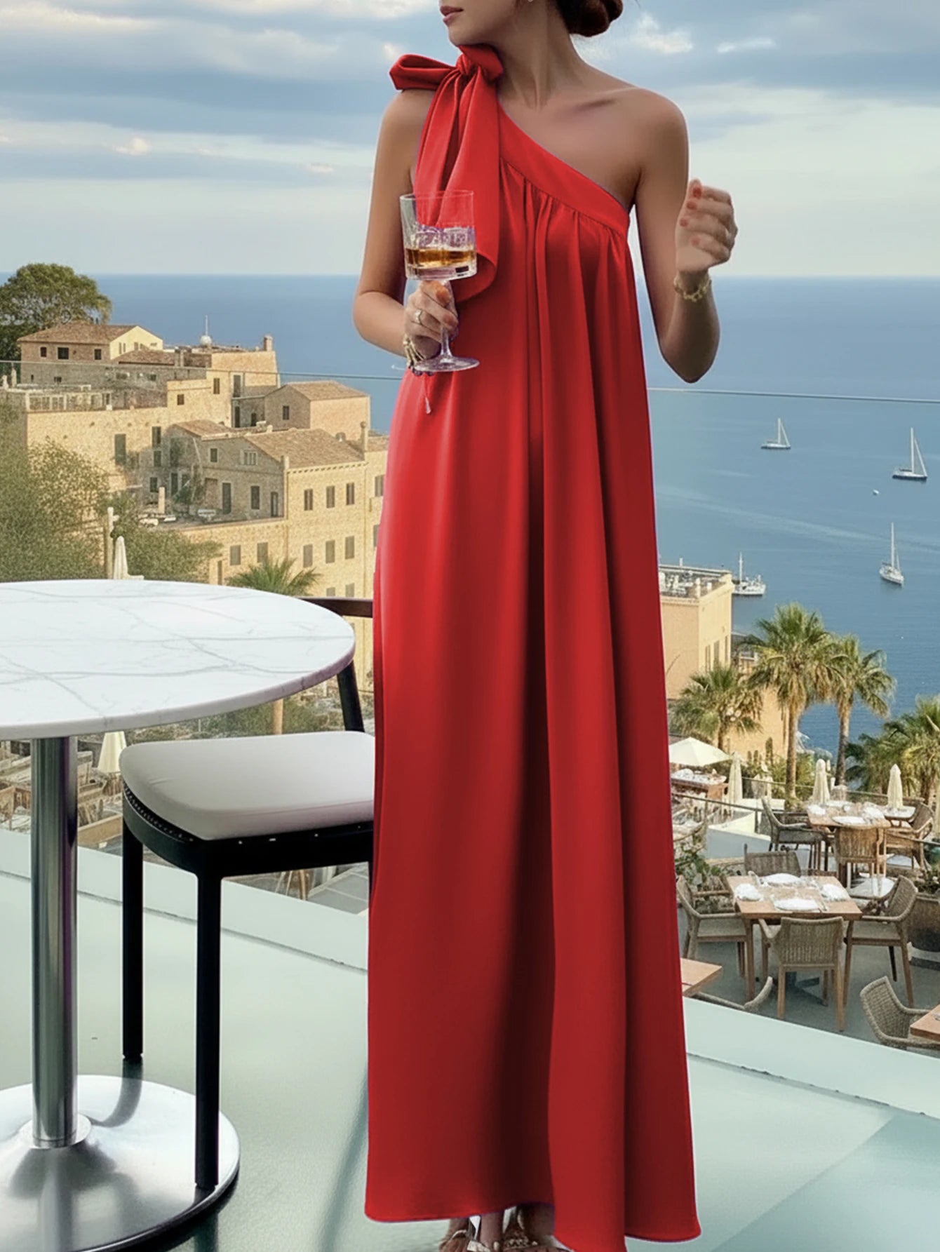 One-Shoulder Draped Maxi Dress For Evening And Resort Wear